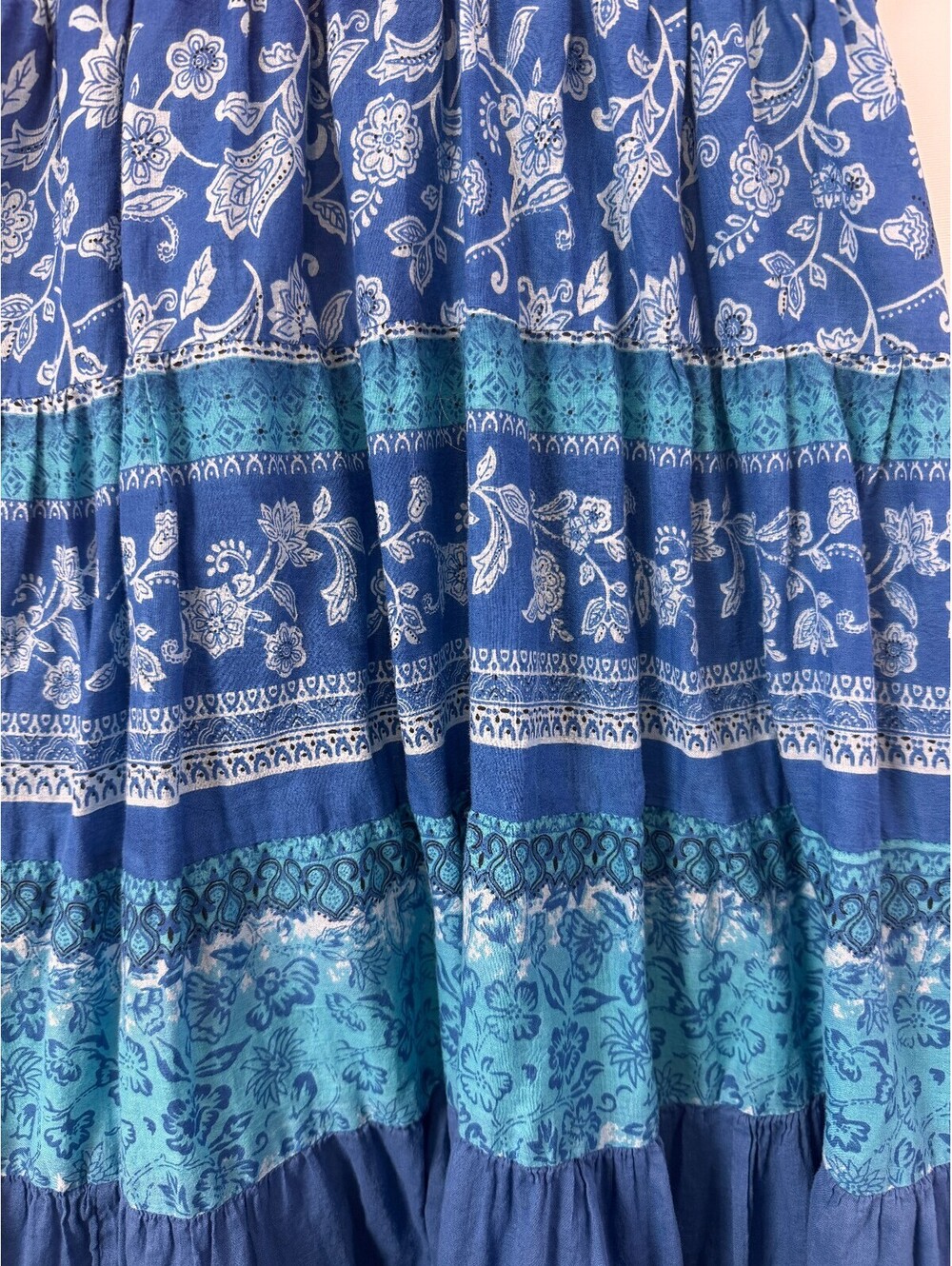 Vintage 90s Blue Cotton Boho Floral Smocked Empire Waist Midi Dress Size XL - Picture 3 of 8